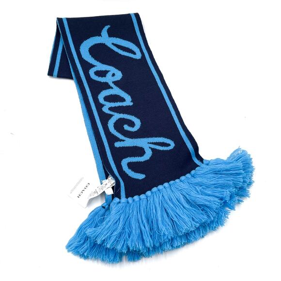Coach Varsity Logo Knit Scarf Deep Blue Fringe-Trim Two-Tone Contrast Winter - Picture 1 of 6